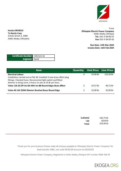 Modèle de facture de services publics d'électricité de l'Ethiopian Electric Power Company aux formats Word et PDF1